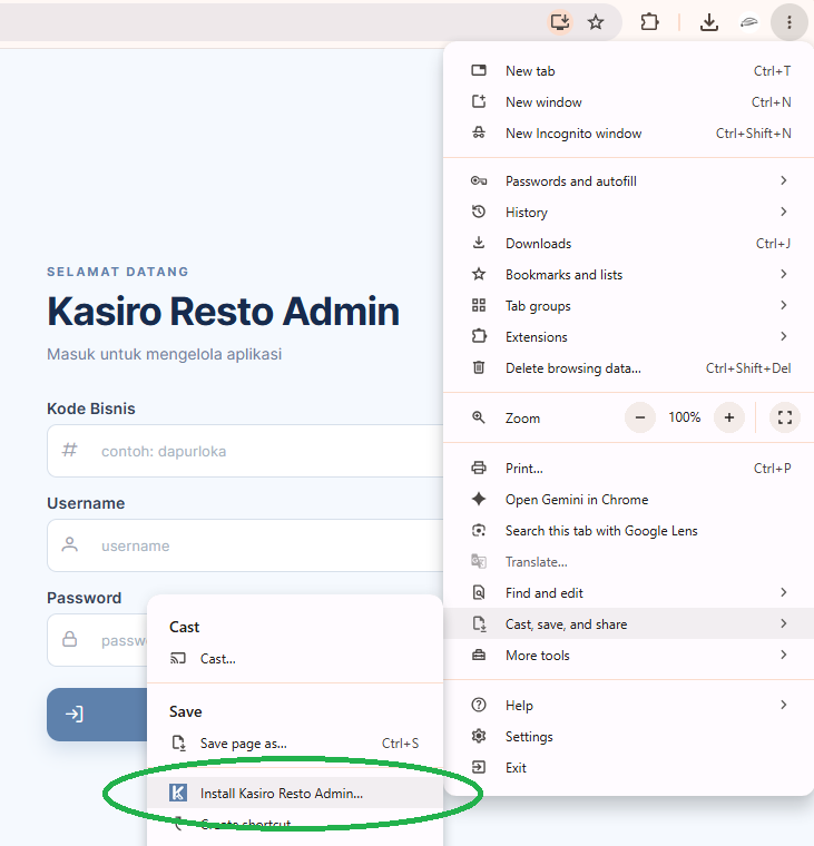 Instalasi Kasiro Resto Admin