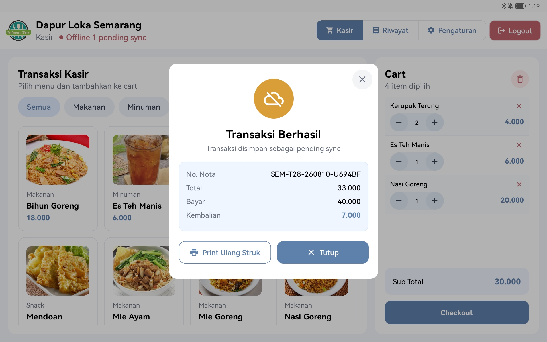 Transaksi Kasiro Resto saat offline